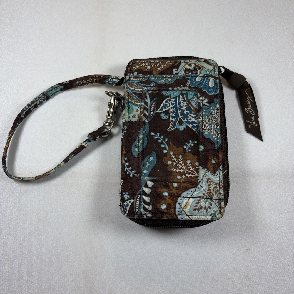 Vera Bradley Carry It All Quilted Wristlet Java Brown & Blue Paisley Zip Retired